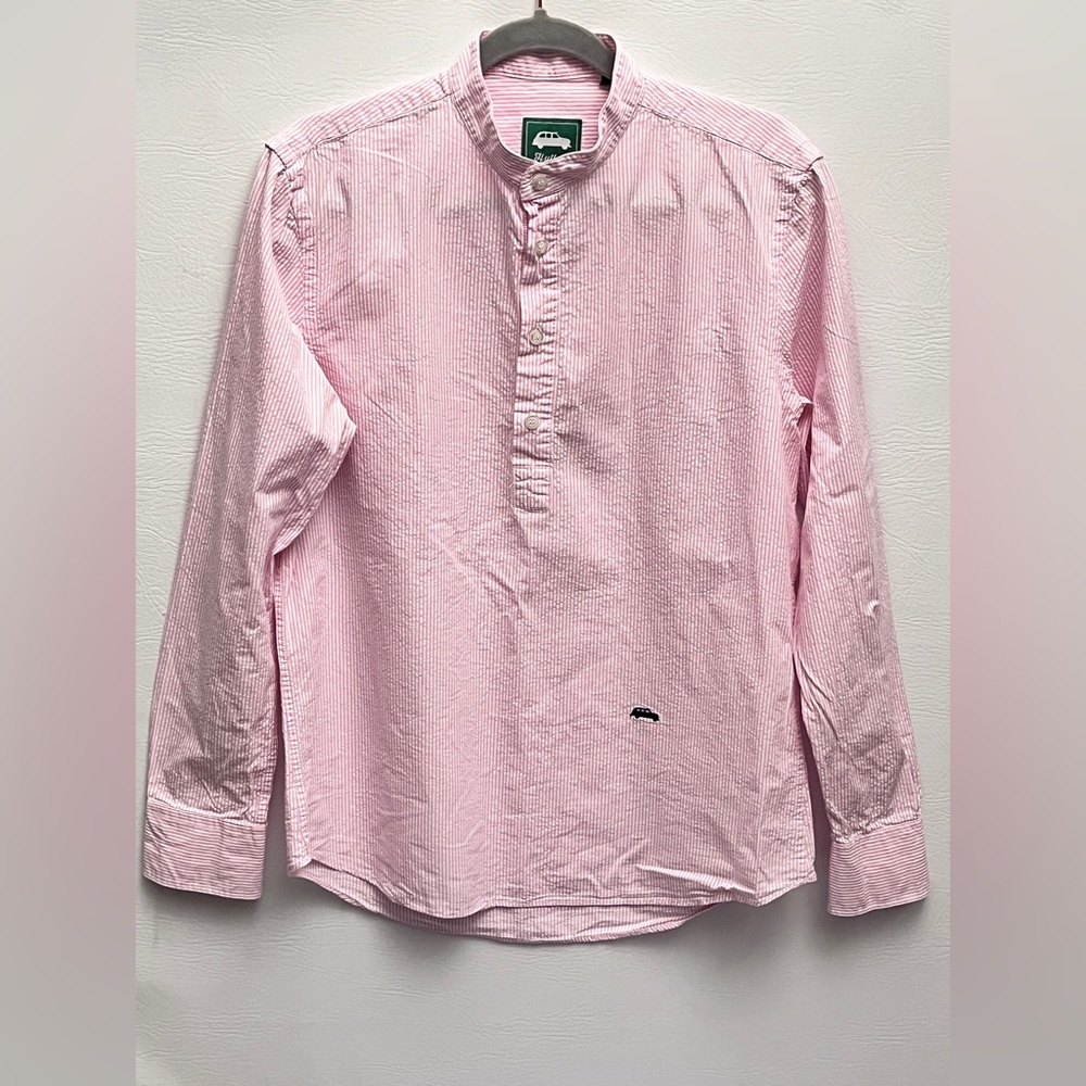 Hutton Smart Clothing Pink Striped Cotton Button Up Shirt w Car Logo Large